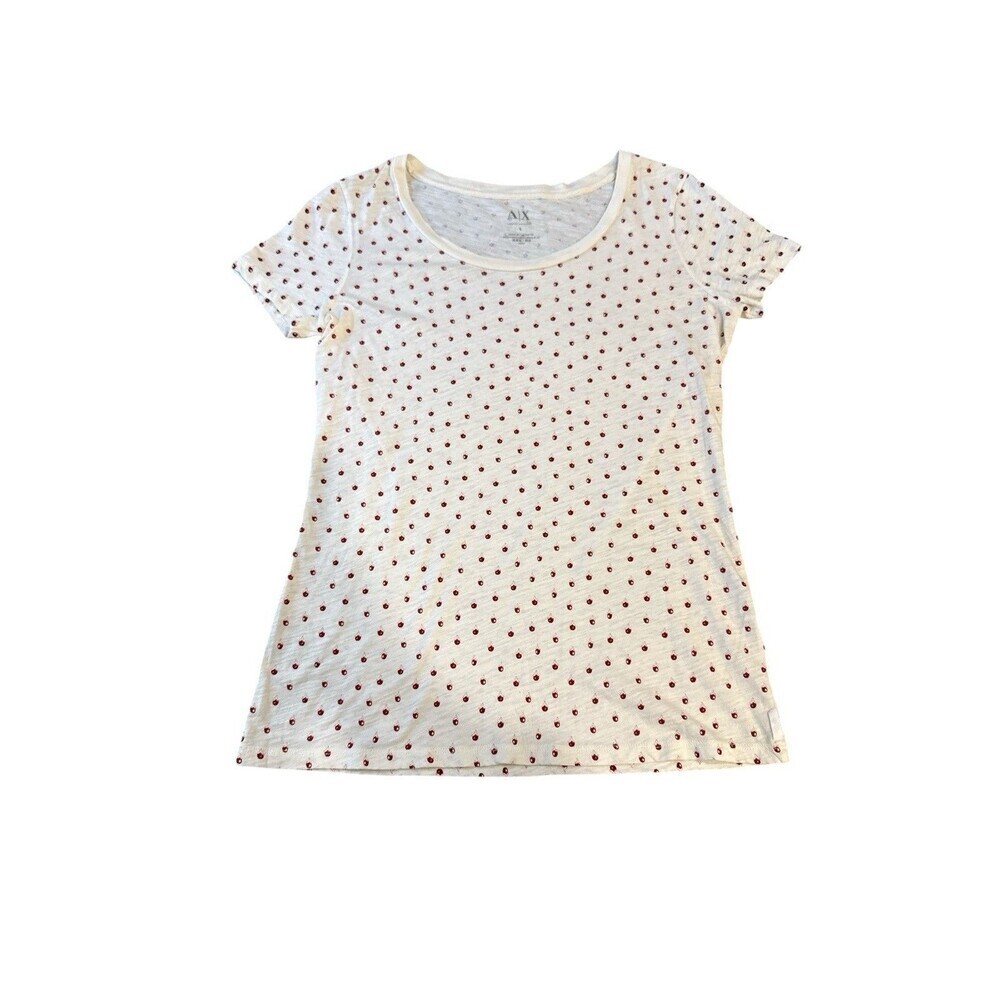 Armani Exchange A|X Cream Red Mini Print Short Sleeve Tee Size S Peru Cotton - Picture 2 of 8